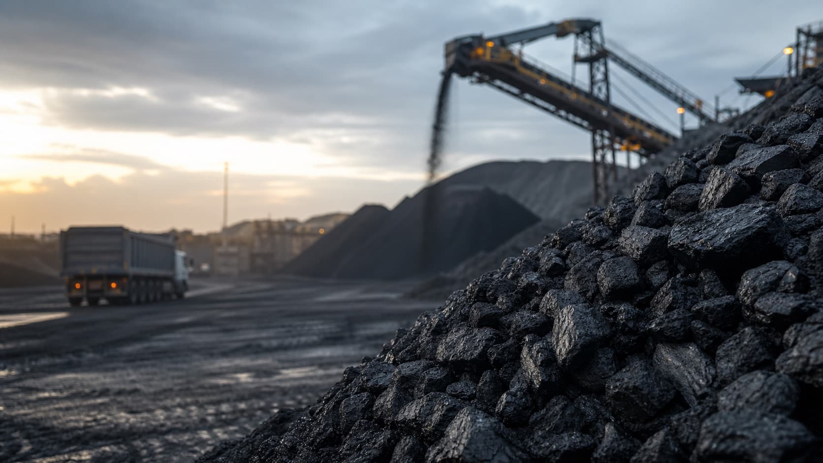 General industry view of anthracite stockpiles and material handling equipment